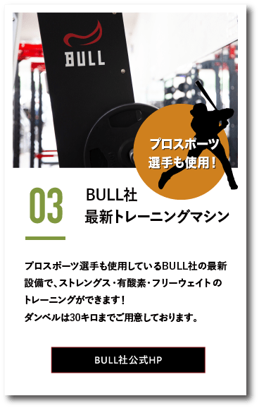 BULL社最新トレーニングマシン。プロスポーツ選手も使用しているBULL社の最新設備で、ストレングス・有酸素・フリーウェイトのトレーニングができます！ダンベルは30キロまでご用意しております。
